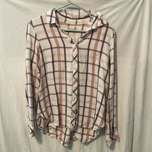Long sleeve plaid button up with light pink tan and dark red